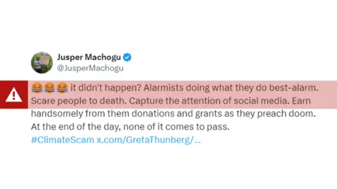 View of a tweet by Jusper Machogu accusing climate activists of alarmism and suggesting they may be motivated by financial gain